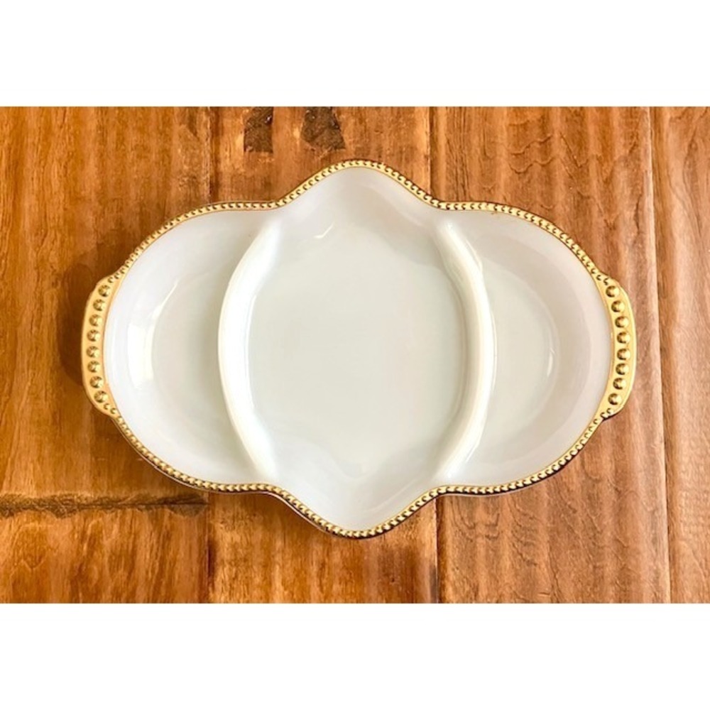 Vintage Fire King Milk Glass Divided Relish Candy Dish Gold Trim Oven Ware Serve